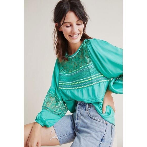 Anthropologie Blank London Size S Sunshine Peasant Blouse Green Boho Embroidered - Picture 1 of 16